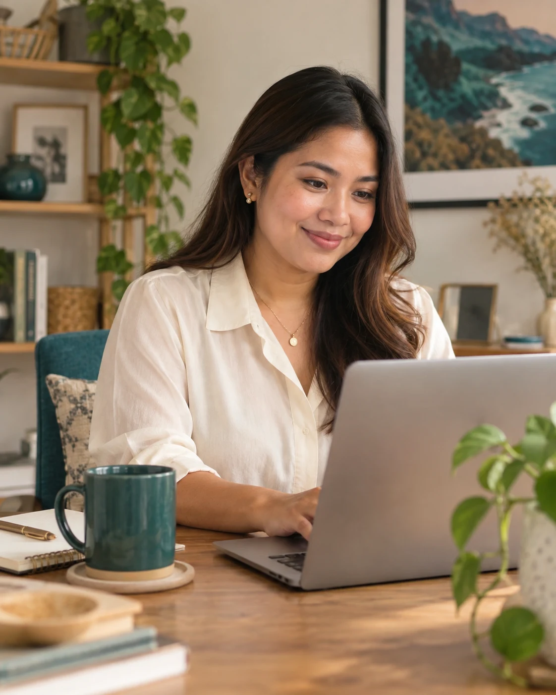 A virtual professional working at her laptop in a bright home workspace
